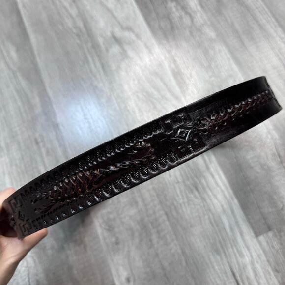 Vintage Tooled Leather Western Belt Dark Brown Size 34 Branded Geometric Mexico - Picture 4 of 7